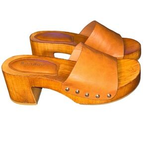 Tan Leather Mules with Wooden Heel